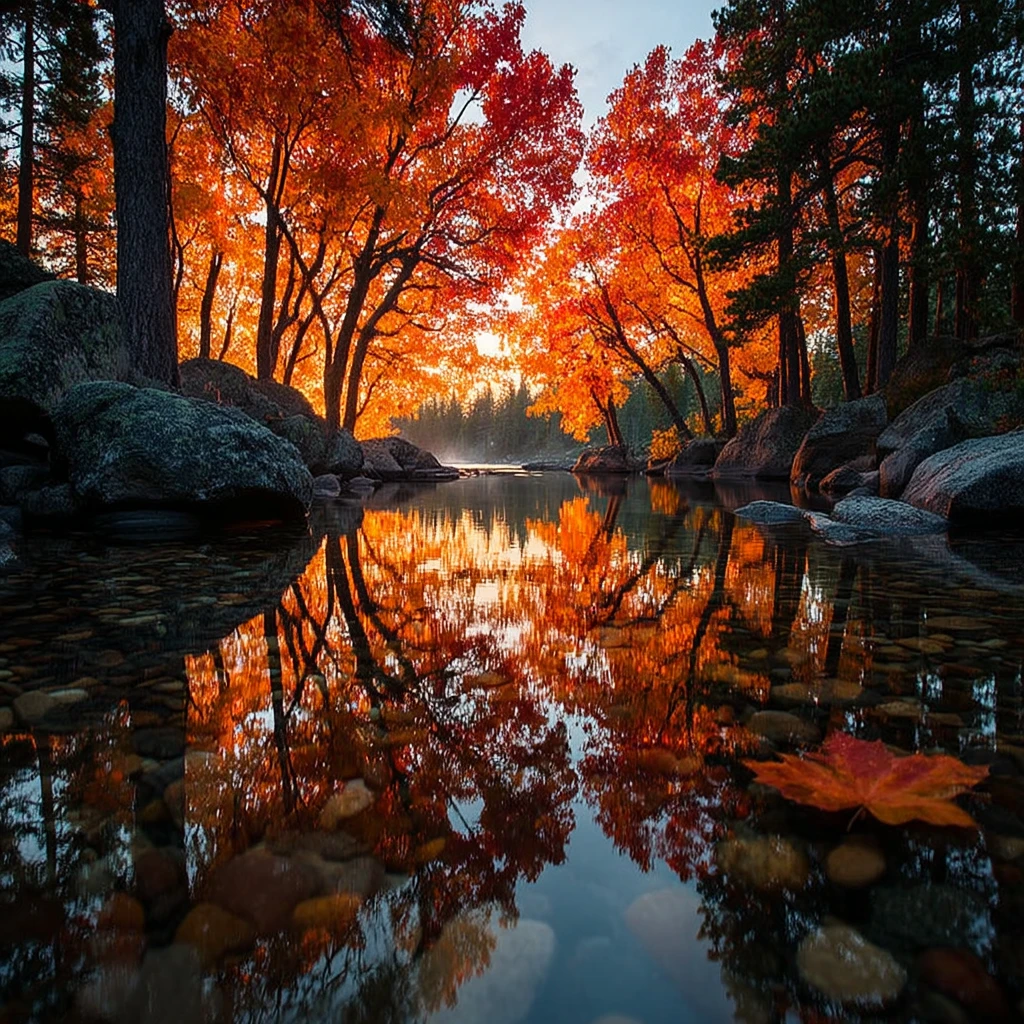 Autumn forest lake mirroring fiery foliage in still water