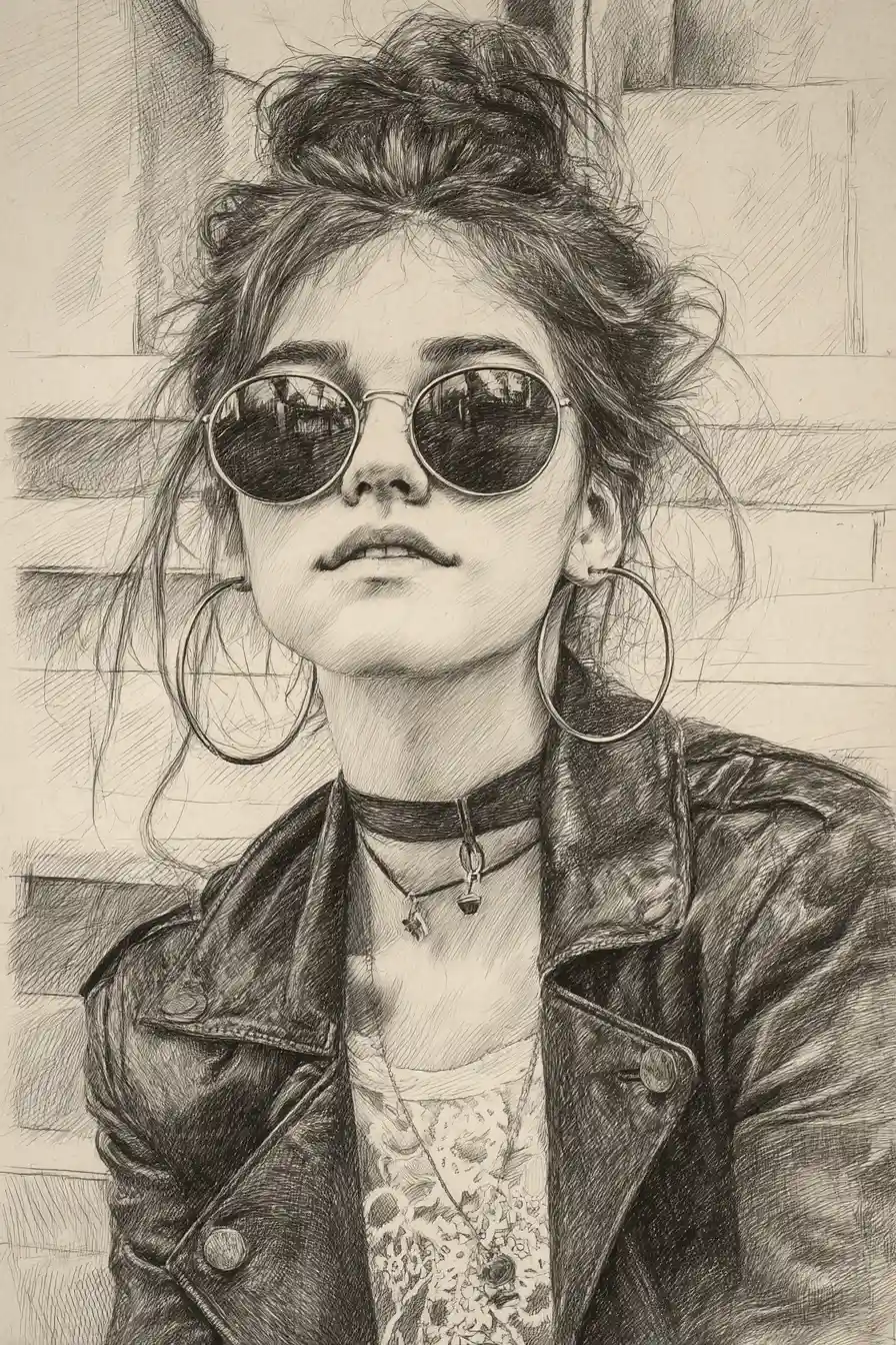 Pencil portrait of a girl in sunglasses and leather jacket