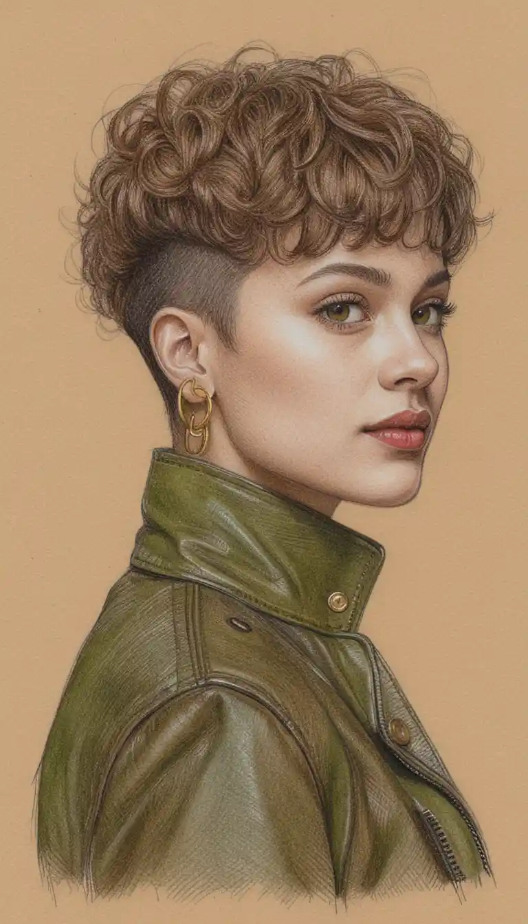 Confident young woman portrait in colored pencil and ink