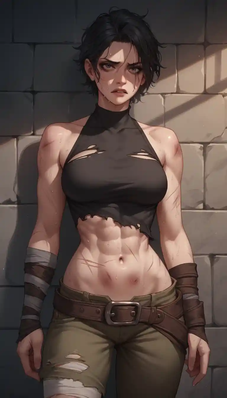 Exhausted warrior woman in a grim dungeon setting