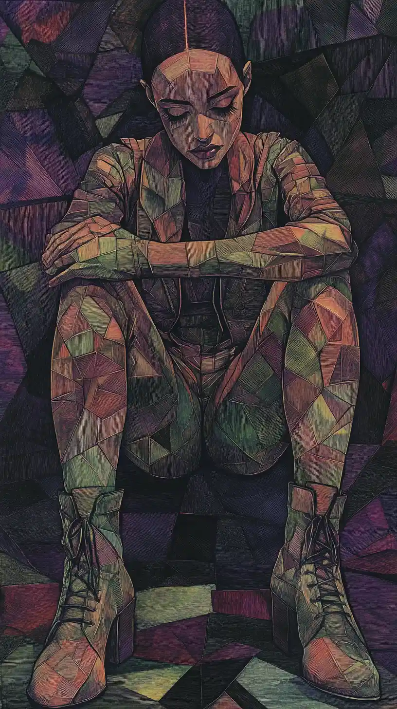 Woman in geometric mosaic sitting in cross legged pose