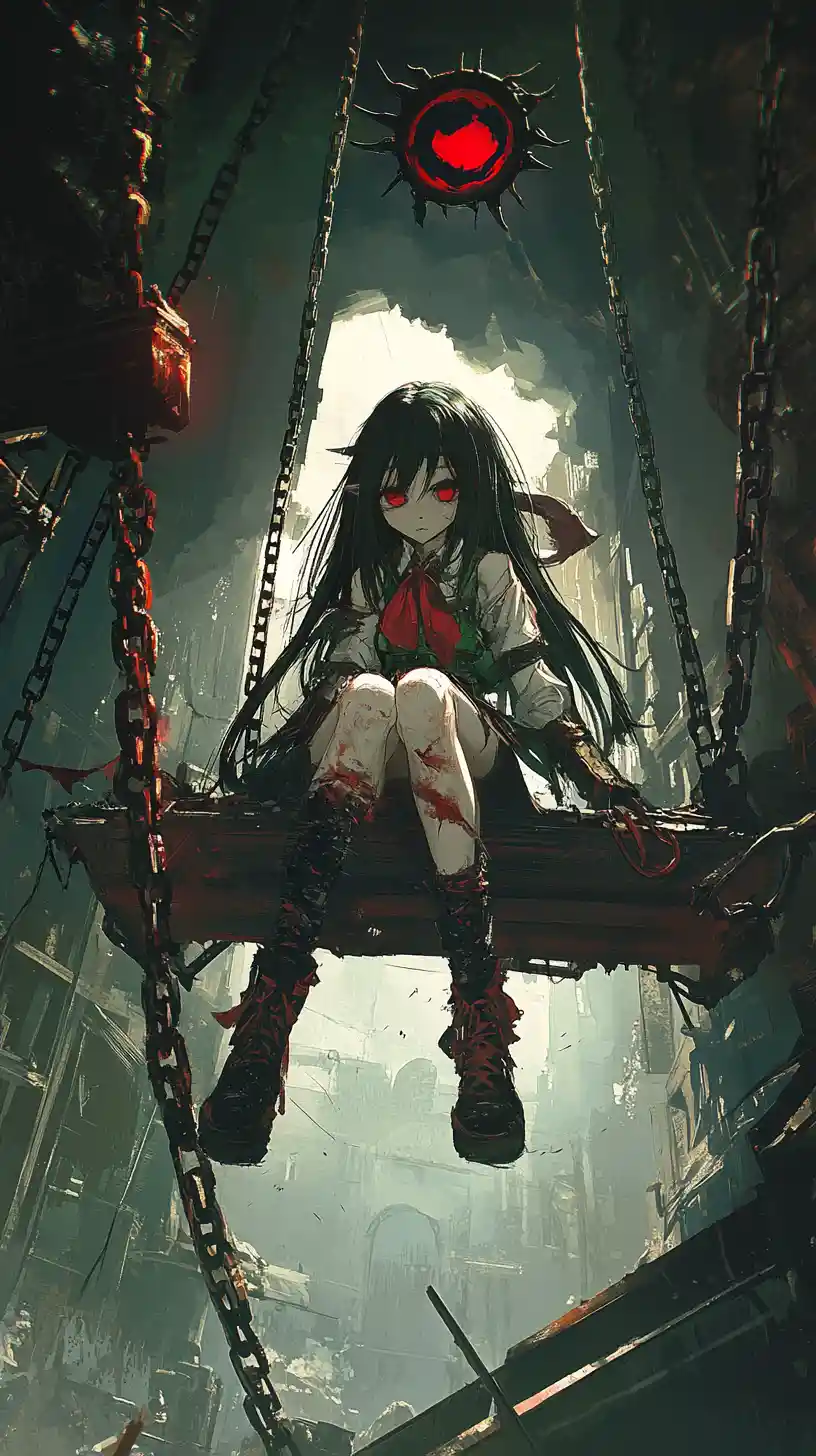 Anime girl before a chained platform and glowing pyramid