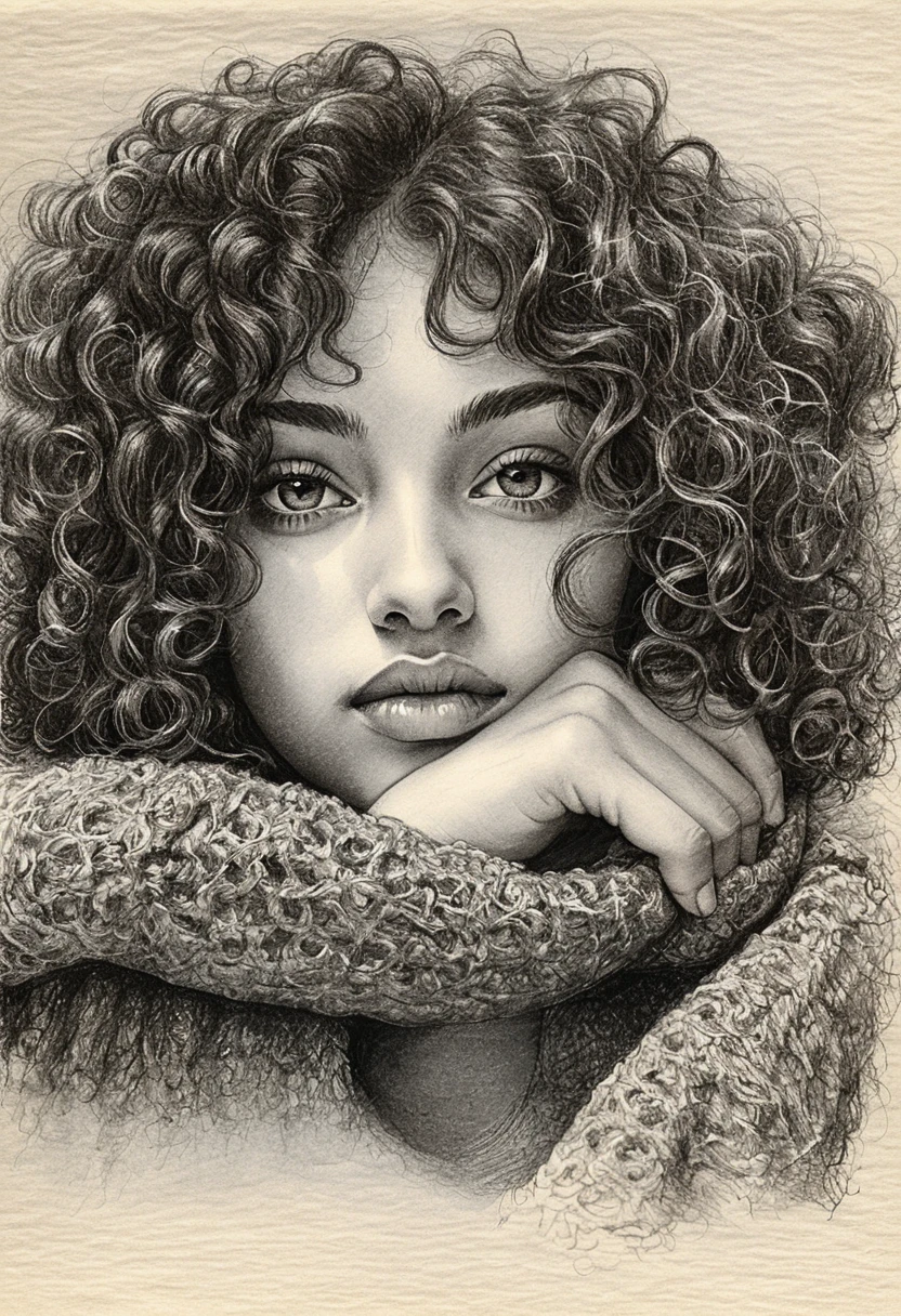 Charcoal pencil portrait of a girl resting on her arms