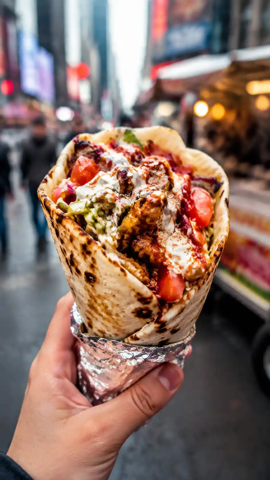 Hand holding a colorful street food wrap in the city