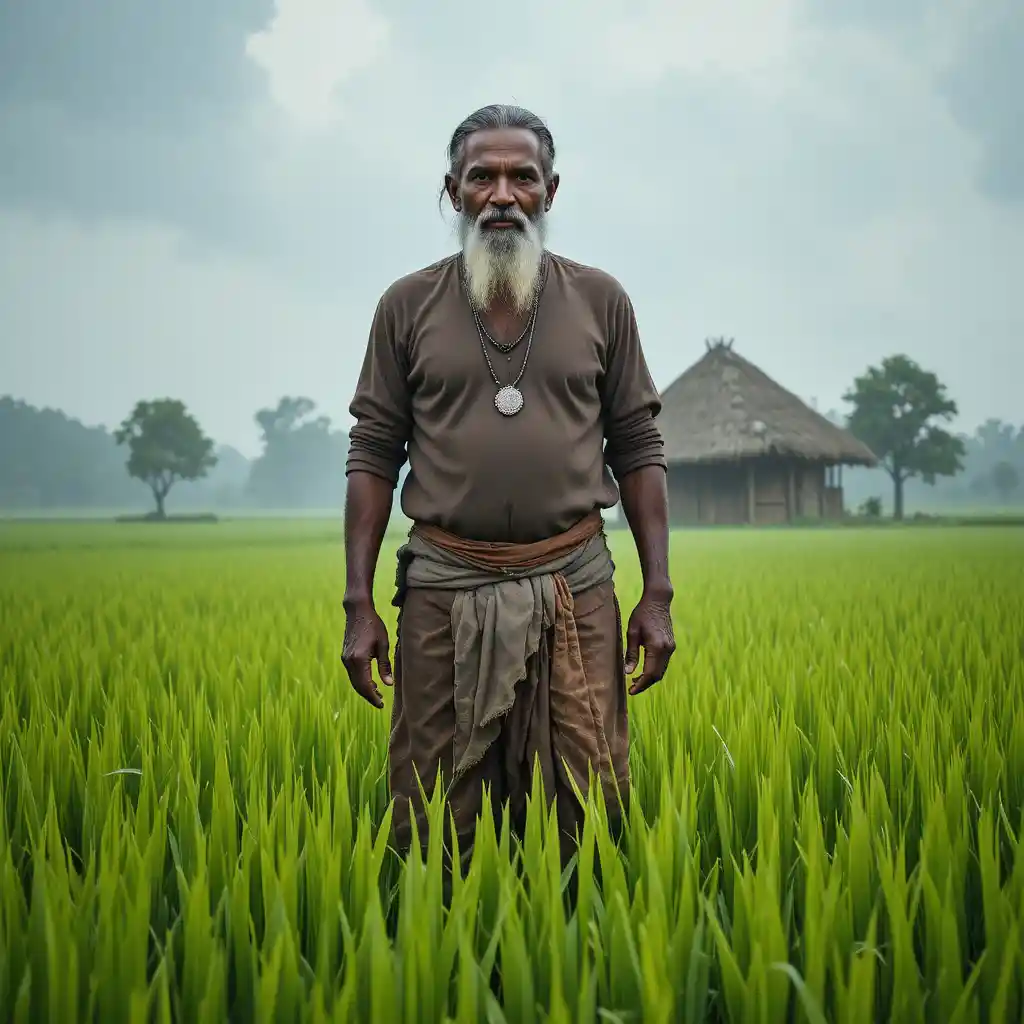 Indian farmer in green rice field under monsoon mist