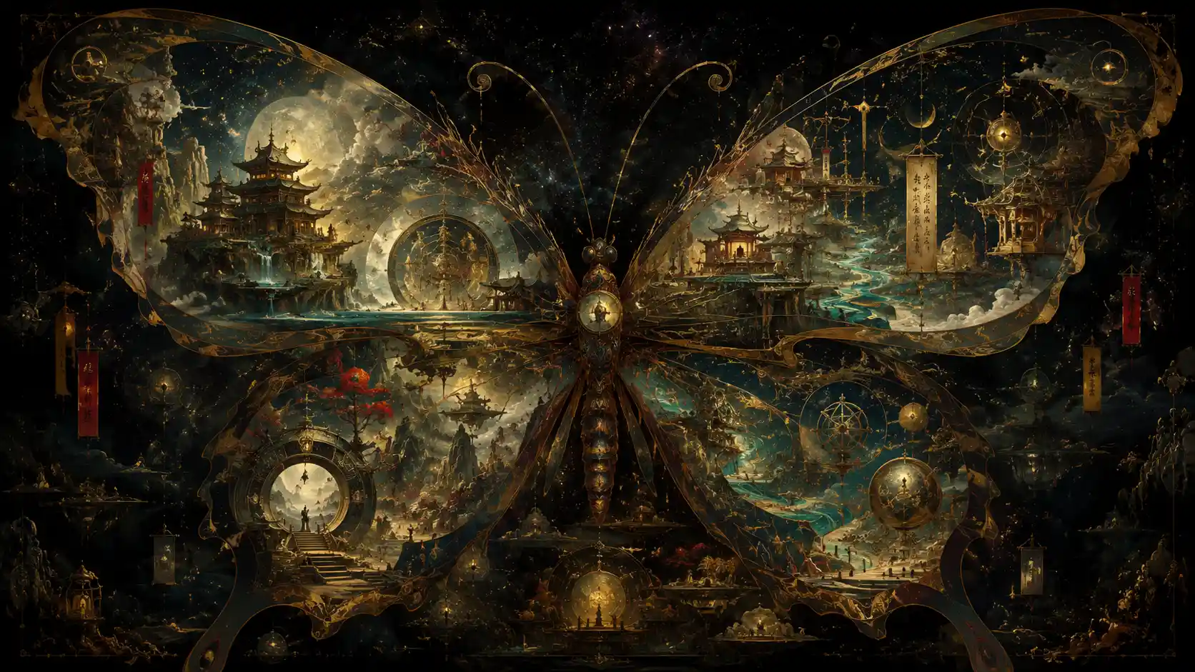 Universo Surreal de Mariposa Formado por Mundos Celestes en Capas