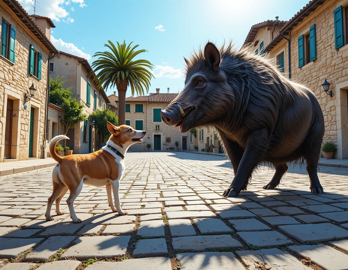 Small dog confronting wild boar in a village square