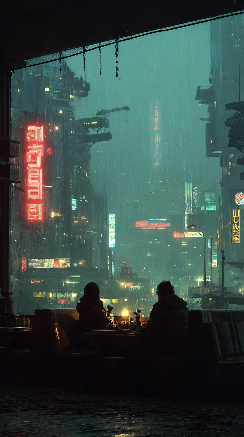 Futuristic couple dining in neon lit cyberpunk restaurant