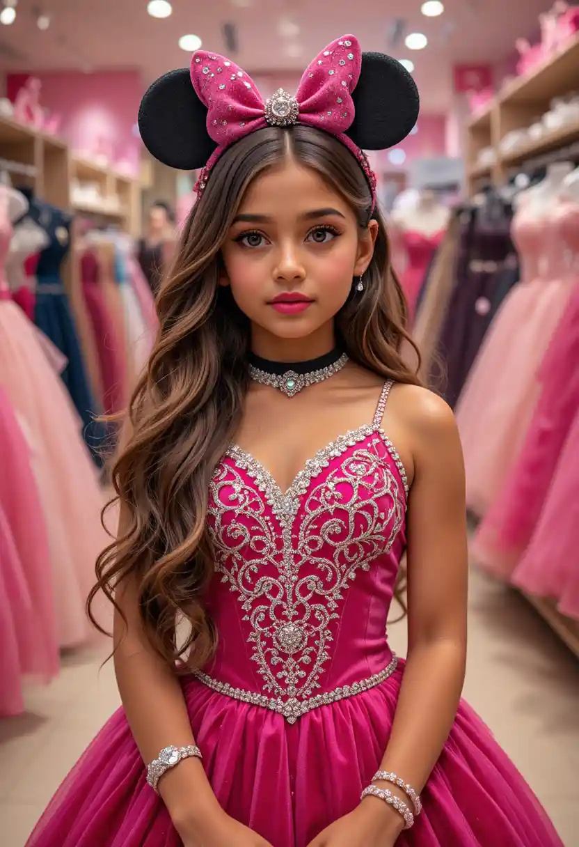 Young girl in hot pink Minnie Mouse gown in boutique