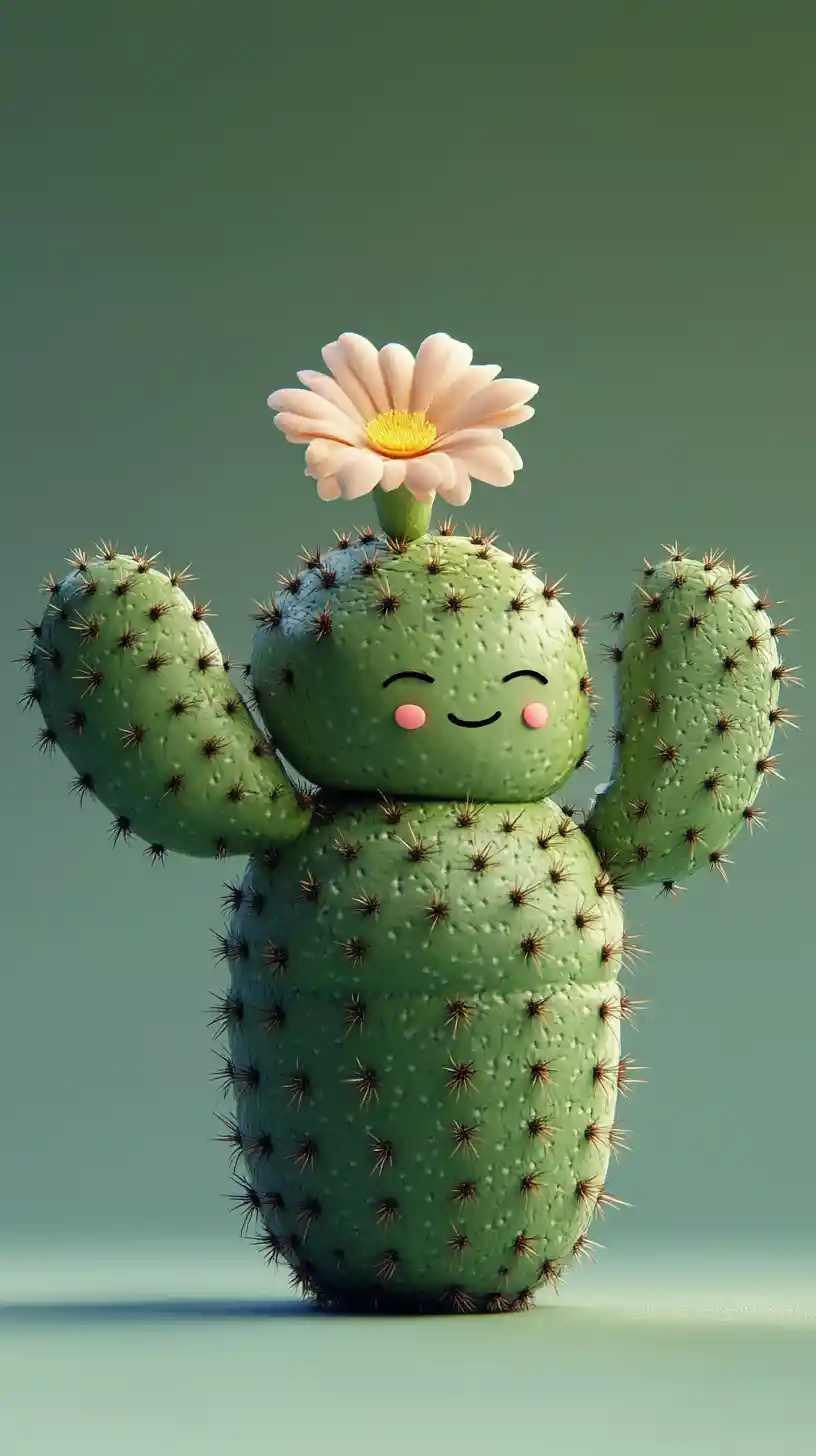 Expressive cactus character with folded arms and tiny flower