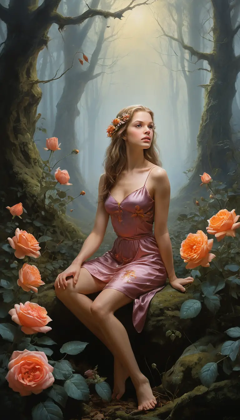 Ecstatic nude woman offering wildflowers in misty forest