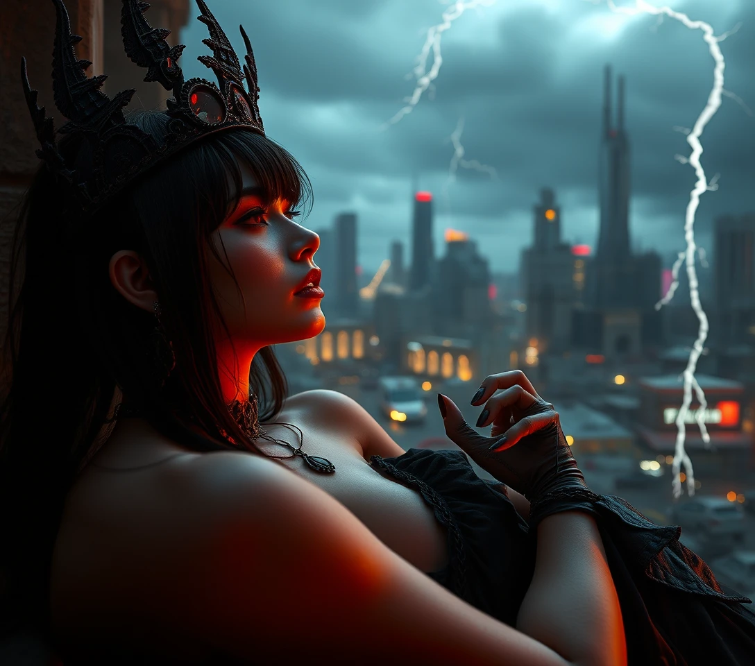 Gothic dark city queen standing in eerie calm