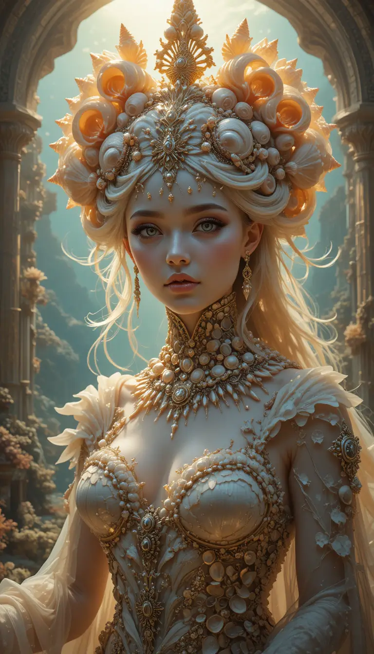 Ethereal Mermaid Queen Portrait In Golden Underwater Ruins