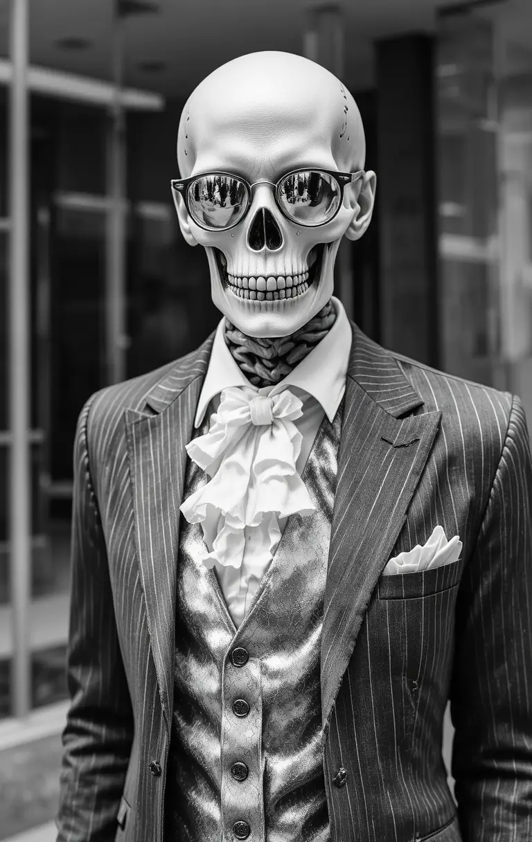 Stylish zombie skeleton in a sharp pinstripe suit