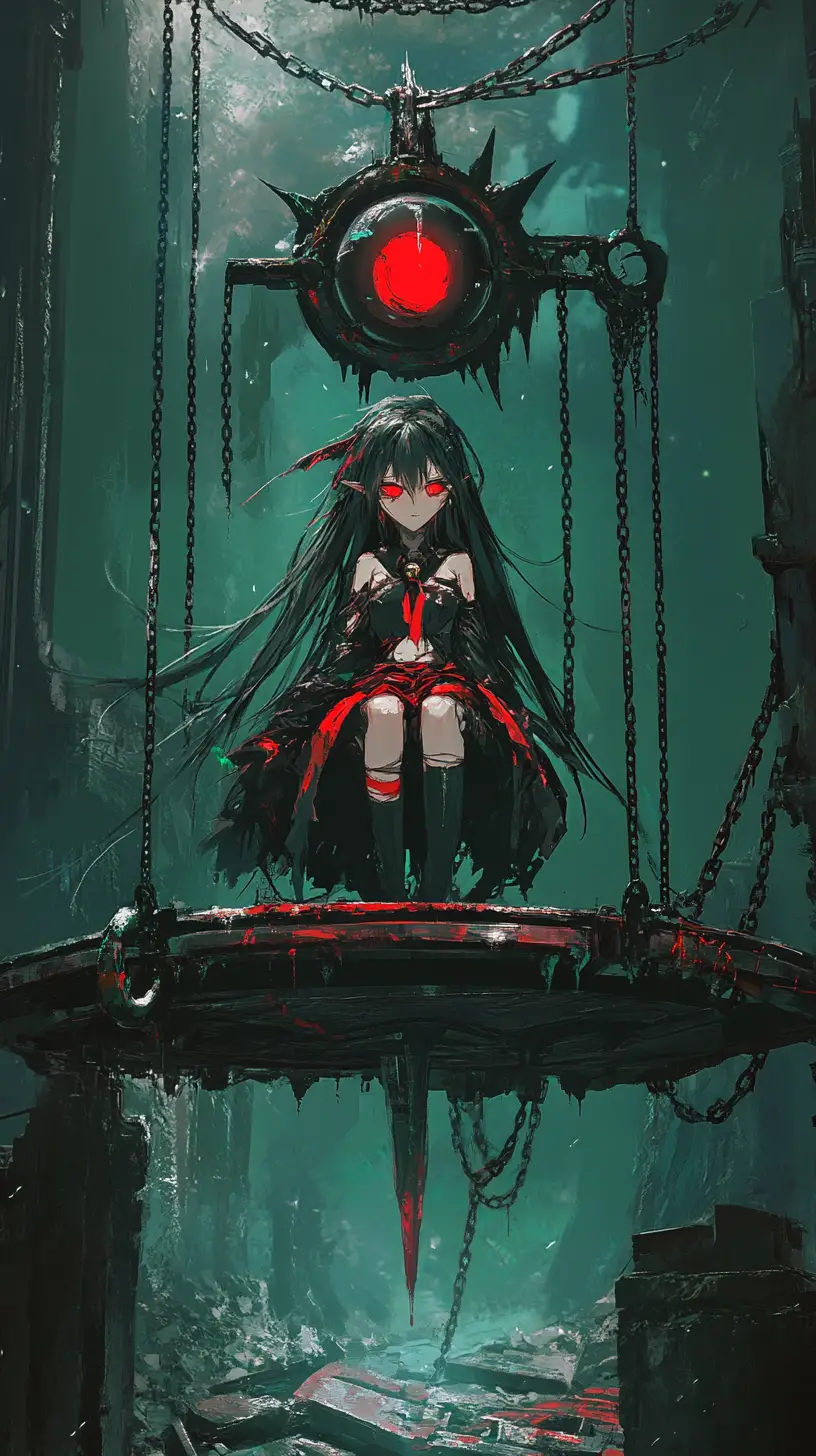 Ragazza anime su piattaforma incatenata con piramide luminosa