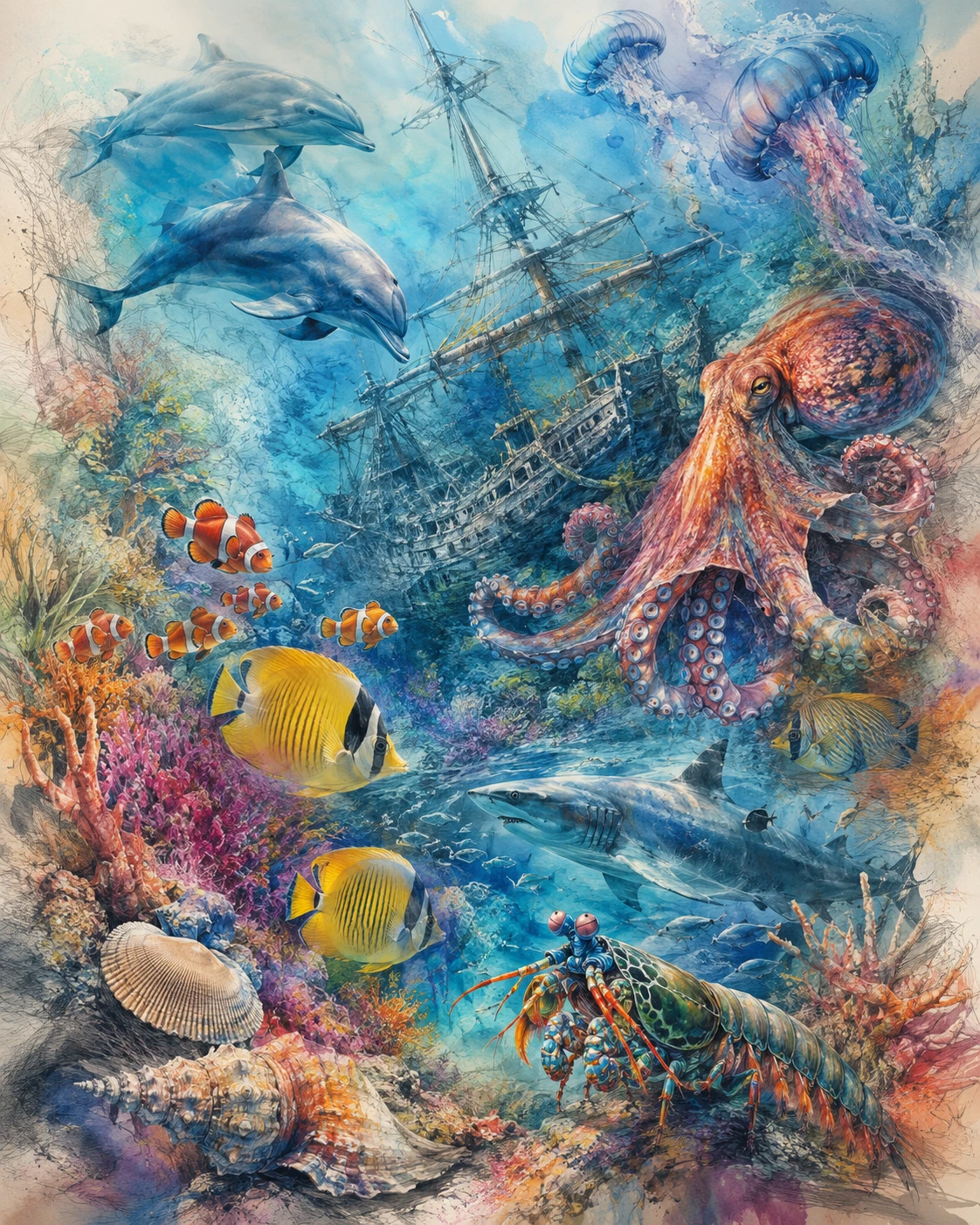 Colorful underwater world with tropical sea life moodboard