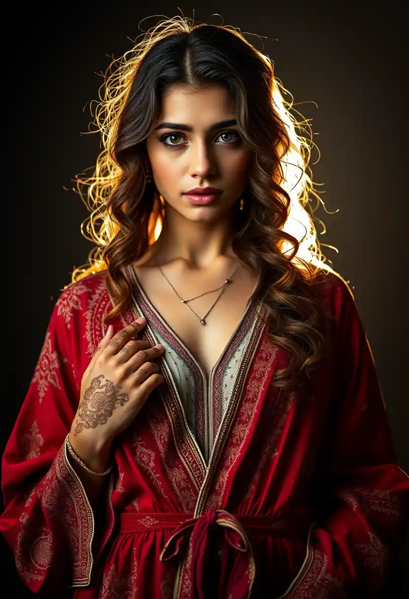 Arab woman in traditional dress with henna and pale eyes