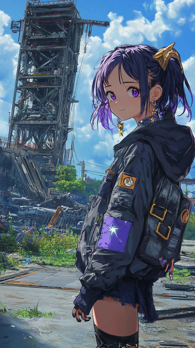 Anime girl beside a steel hangar on abandoned airfield