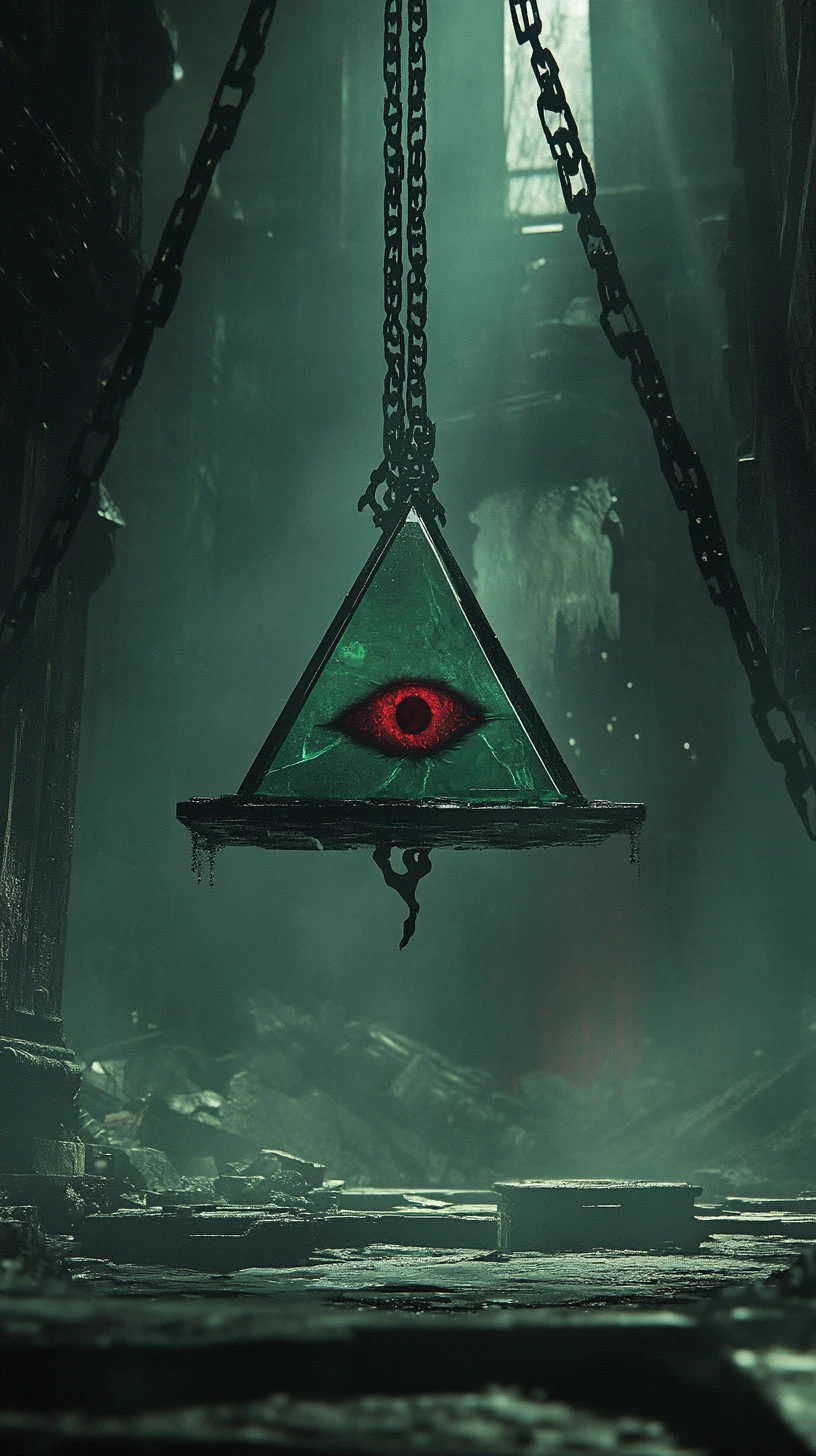 Suspended platform with glowing pyramid and demon eye