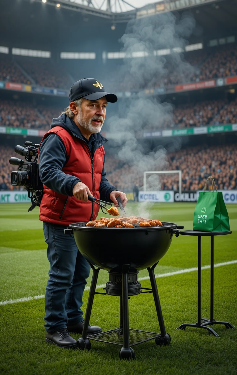 Cameraman grilling on a soccer field during stadium event