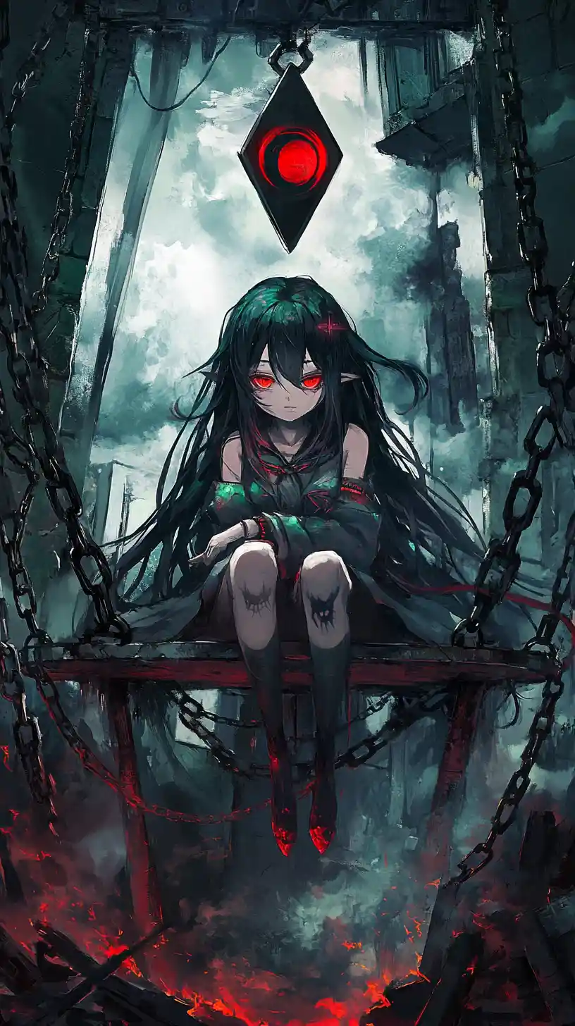 Ragazza anime davanti a una piattaforma incatenata e a una piramide luminosa