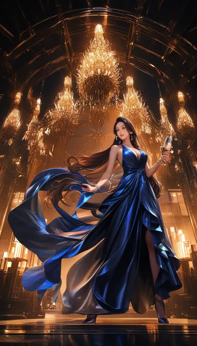 Elegant woman in blue satin gown at luxury bar