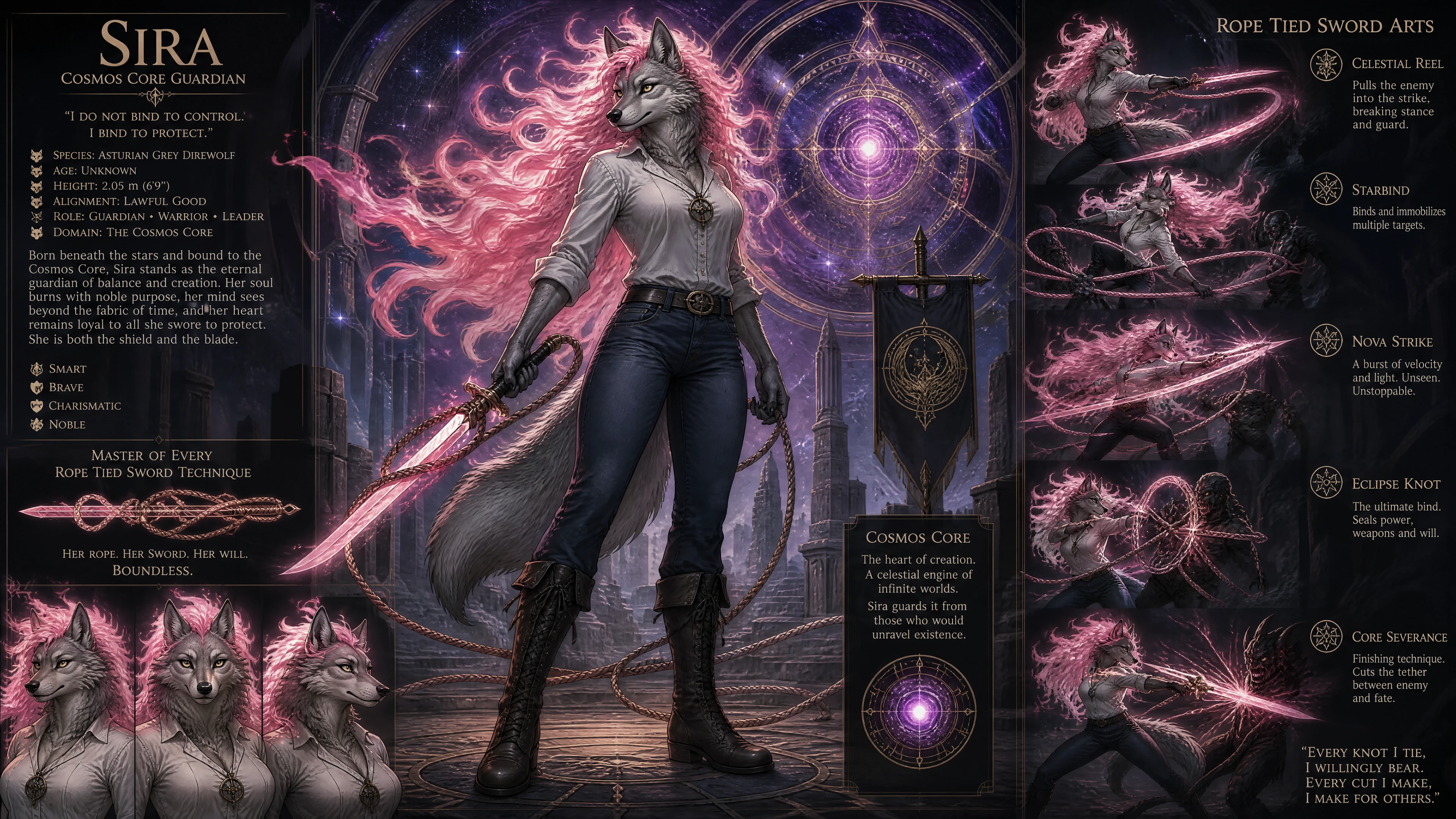 Anthro direwolf guardian woman with flaming hair and sword