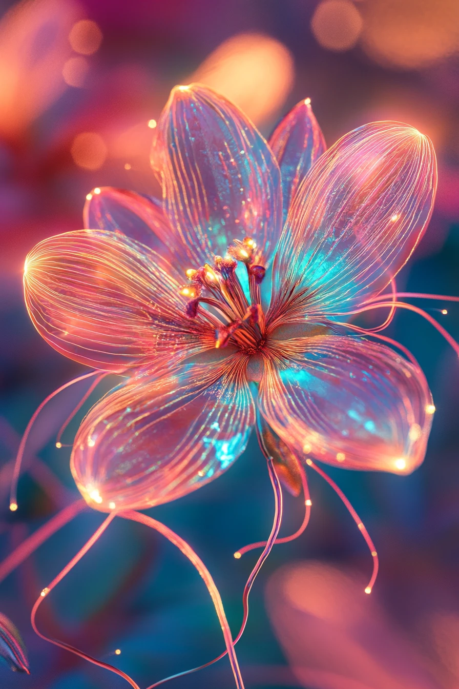 Fotografía macro de una flor luminosa en corrientes fluidas