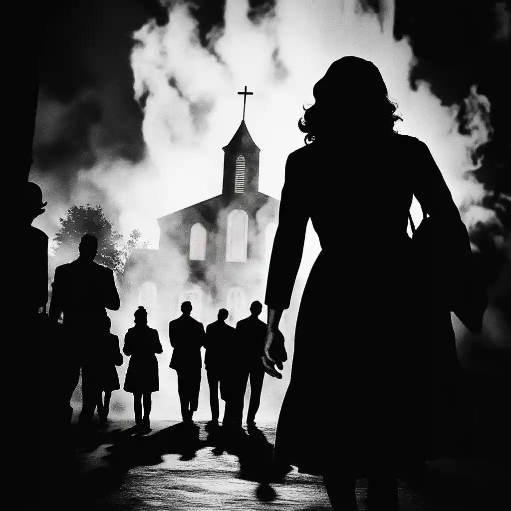 Terrifying devil girl leading a crowd away from faith