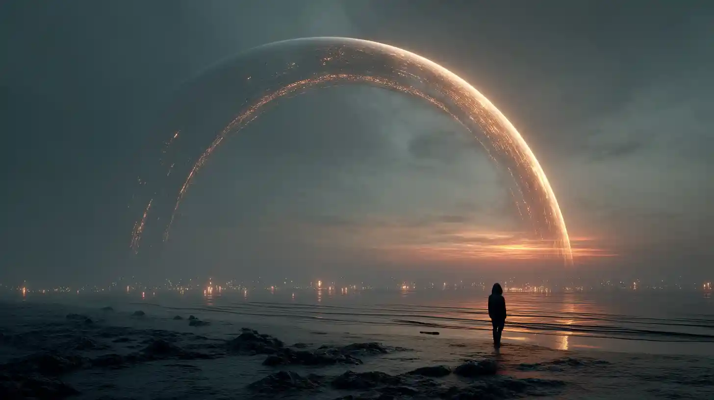 Lone human beneath colossal alien planet in dark sky