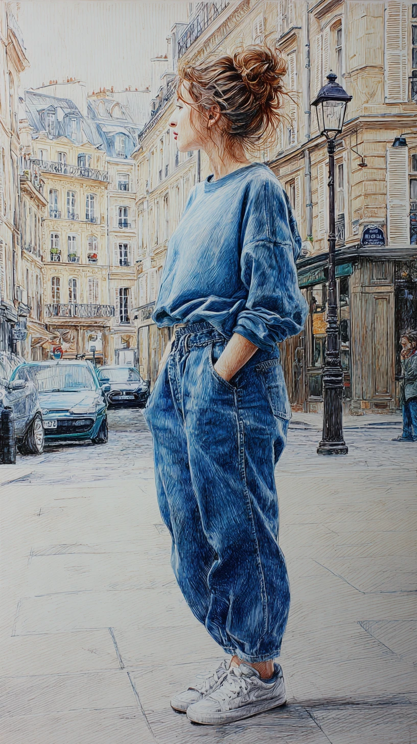 Young woman in casual outfit on a European city sidewalk
