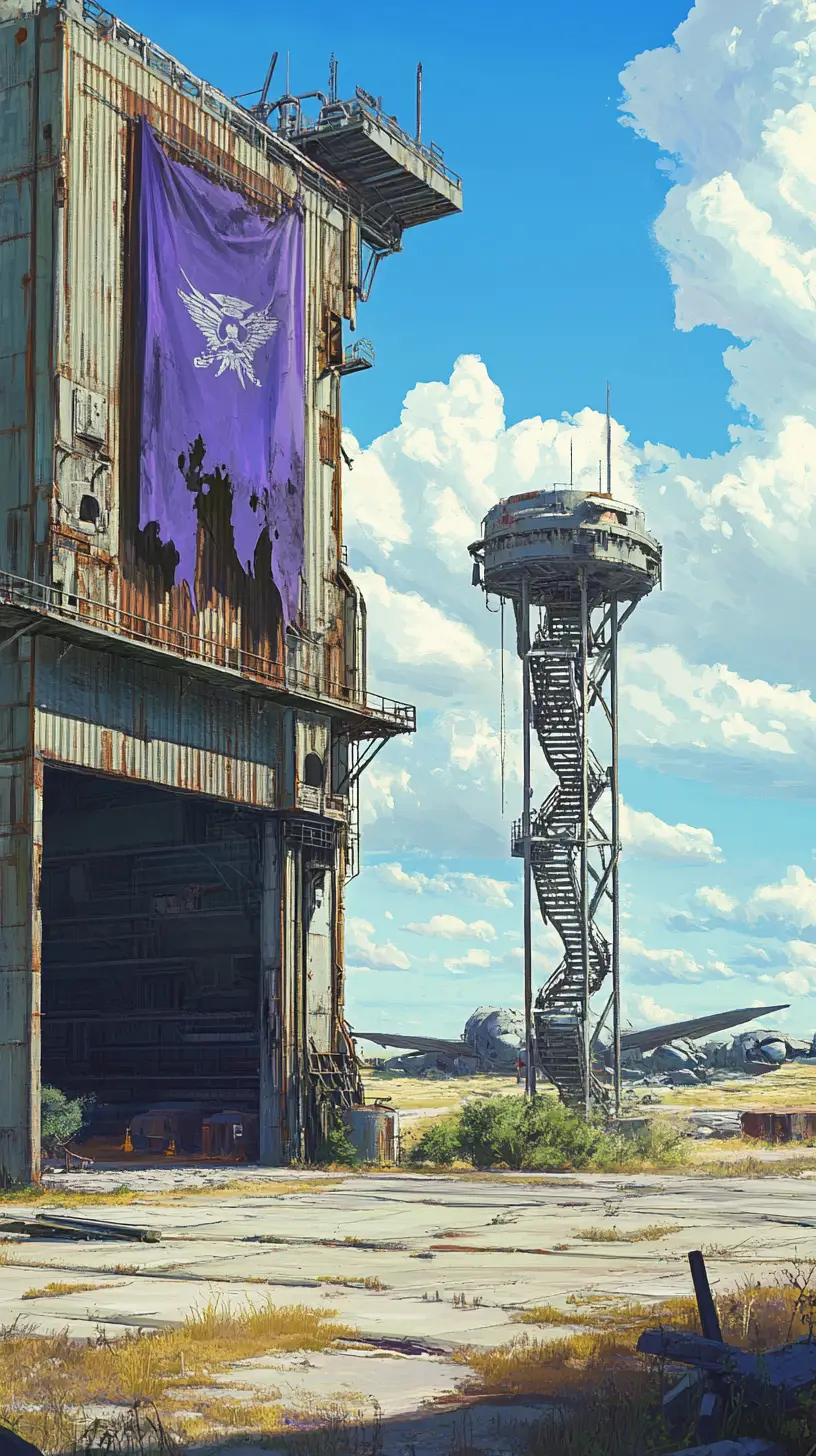 Steel aircraft hangar and tower at an abandoned airfield