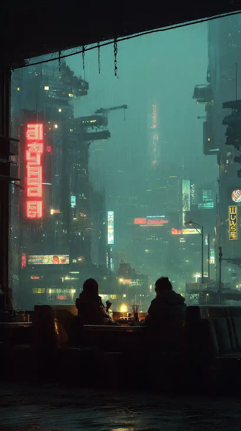 Futuristic couple dining in neon lit cyberpunk restaurant