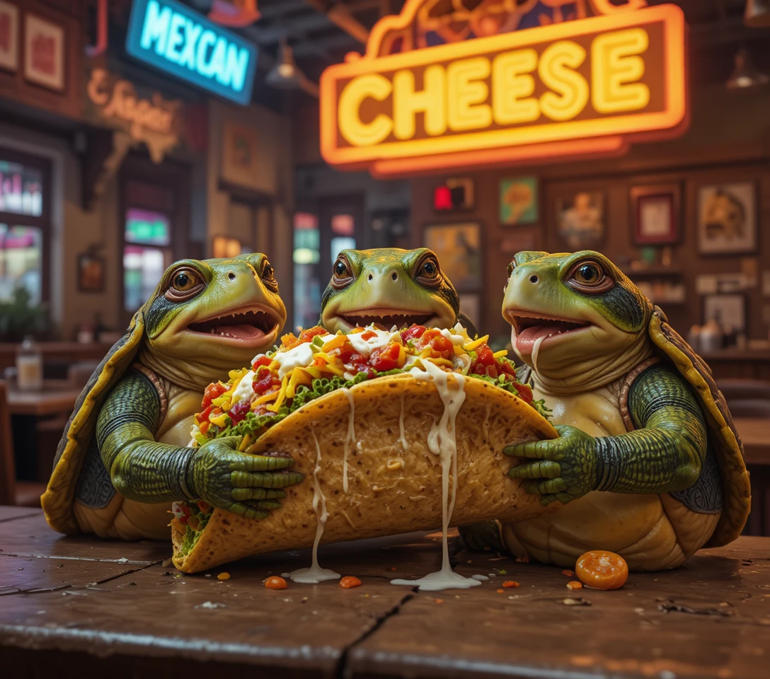 Three green turtles sharing a giant taco at a cantina