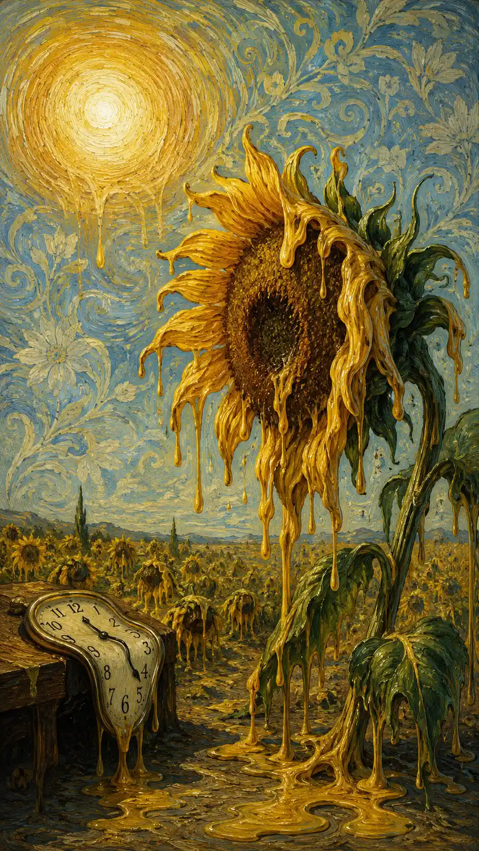 Surreal sunflower melting under intense sun in field