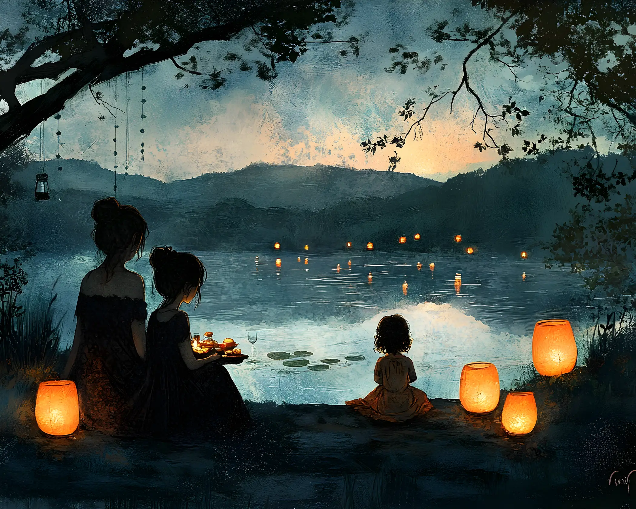 Mother And Daughter Sharing Supper By A Lantern Lit Lake