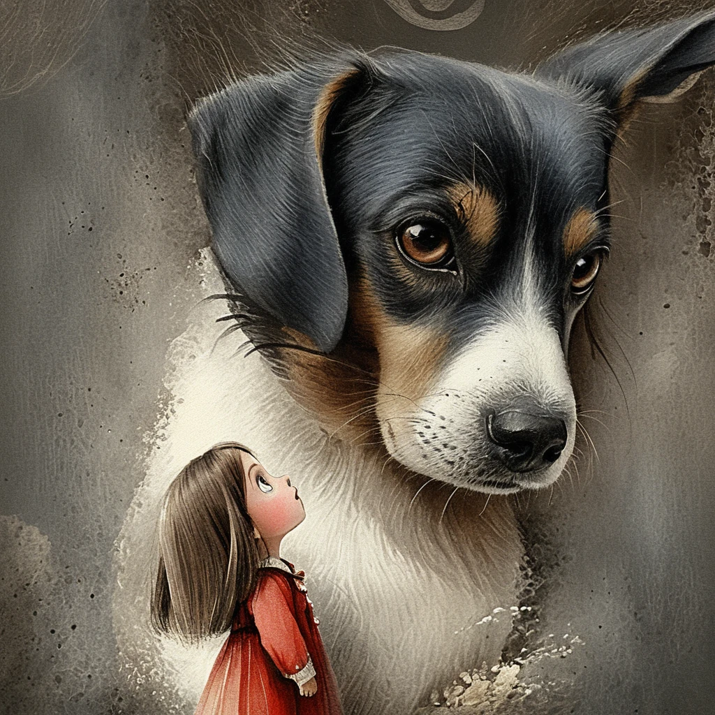 Giant beagle facing a tiny curious girl in surreal art