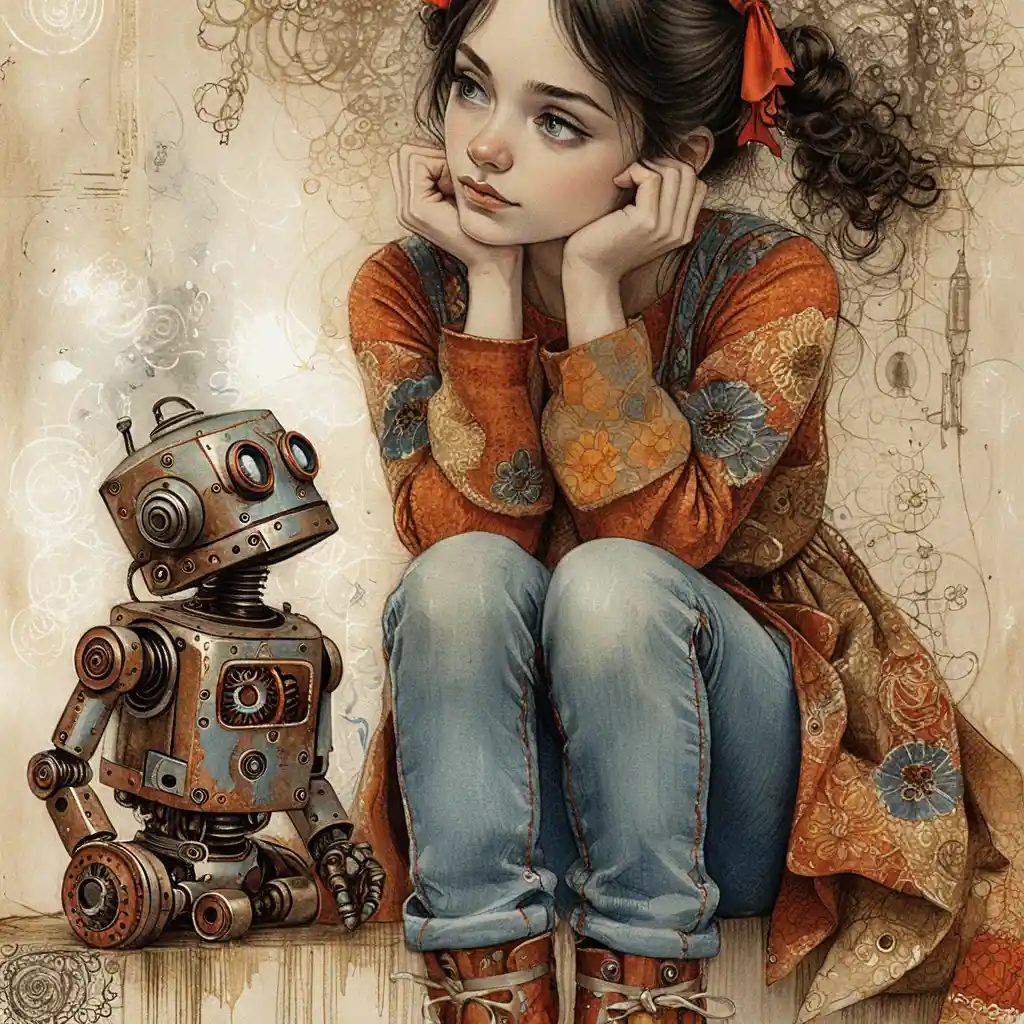 Young woman bonding with a small vintage robot