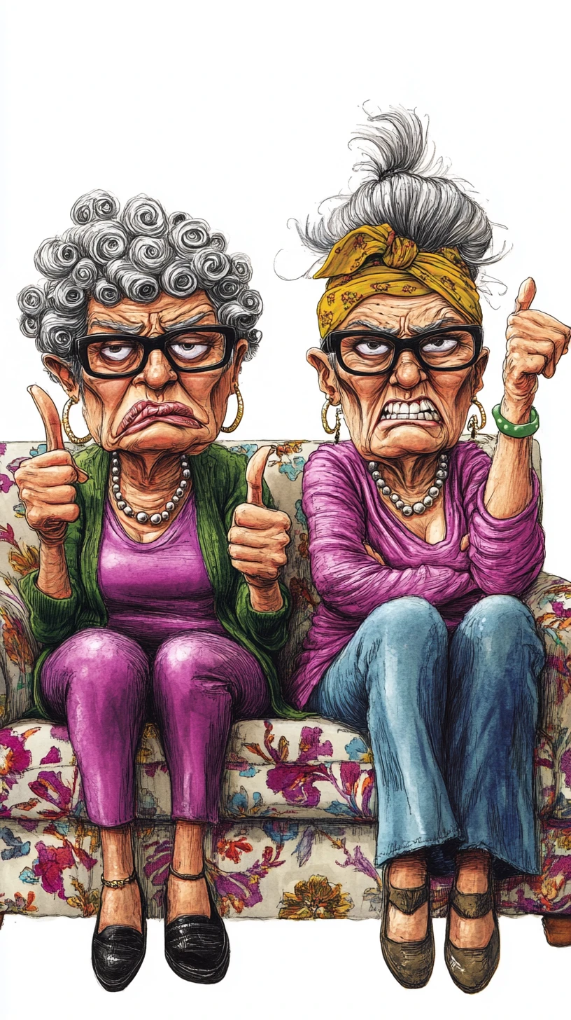Two grumpy old ladies flipping the bird on floral couch