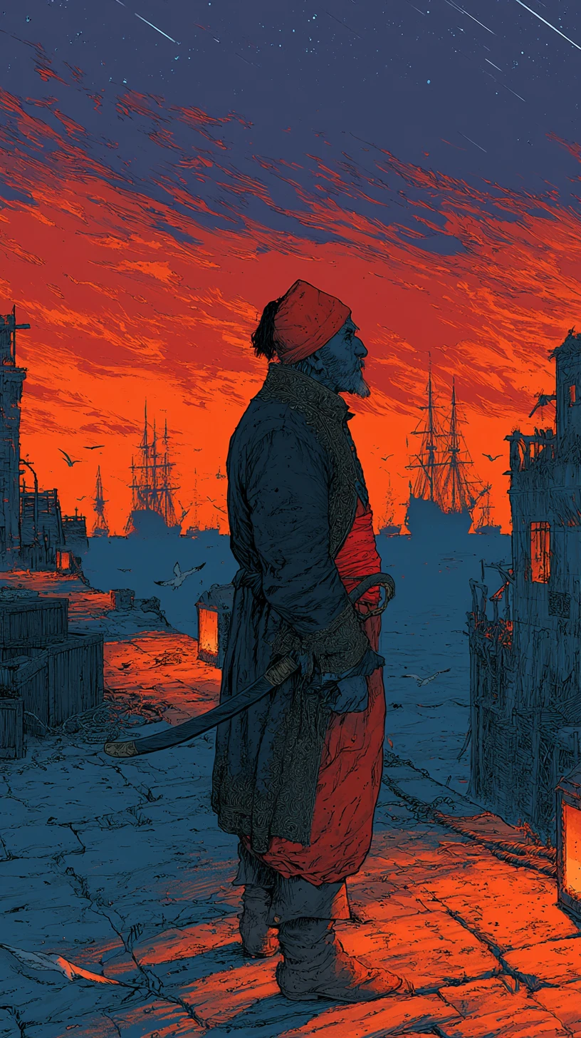 Algerian corsair at twilight harbor in manga style
