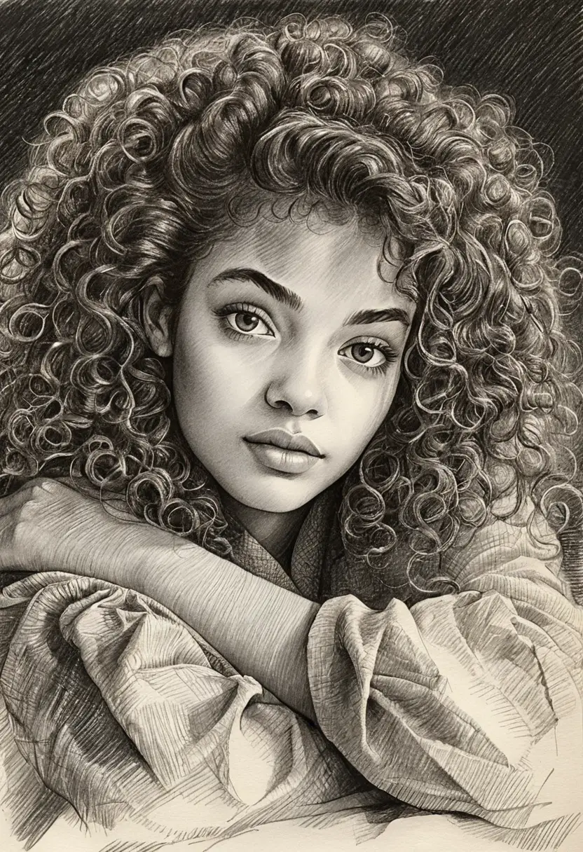 Charcoal portrait of a young woman resting on her arms