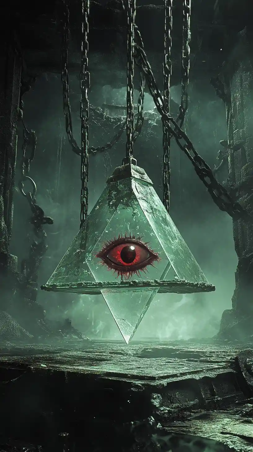 Glowing Glass Pyramid With Demon Eye On Suspended Platform