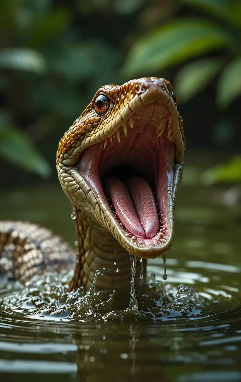 Snake head rising from murky water with open fanged mouth