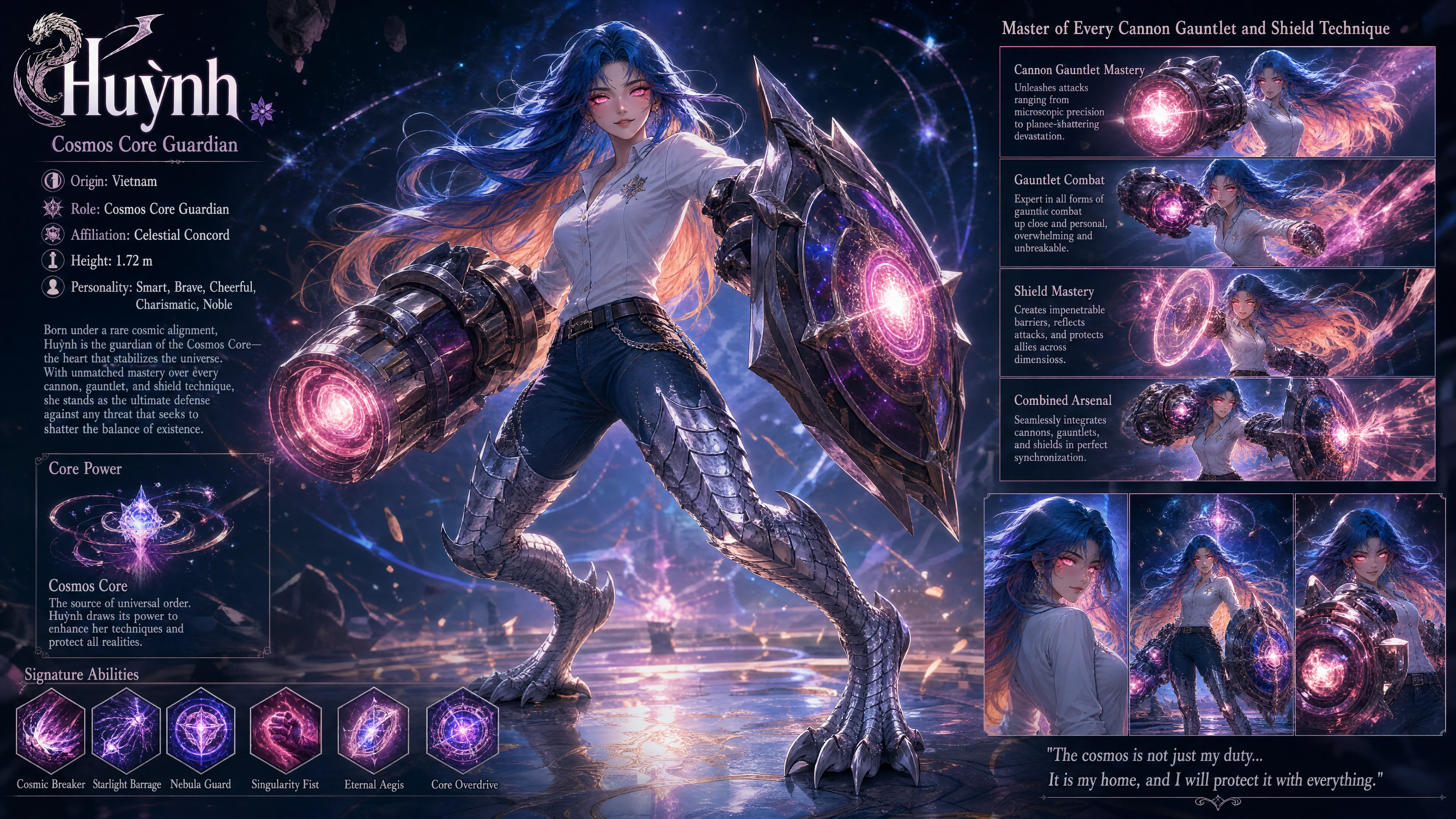 Cosmic guardian woman with dragon legs and blazing eyes