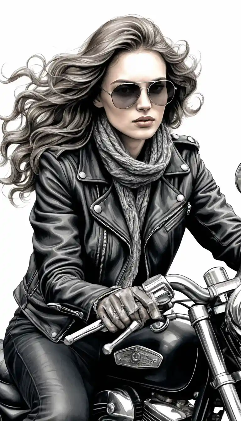Confident woman on vintage motorcycle in dramatic illustration