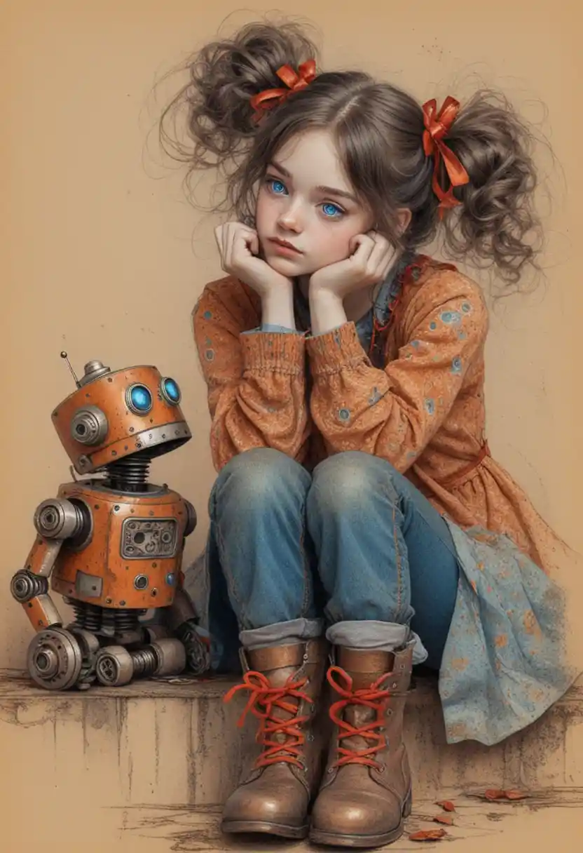 Girl sitting with vintage robot in storybook scene