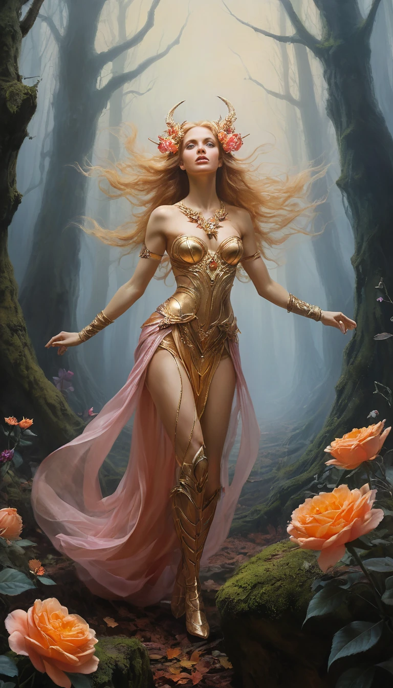 Sensual nude woman offering flowers in mystic forest