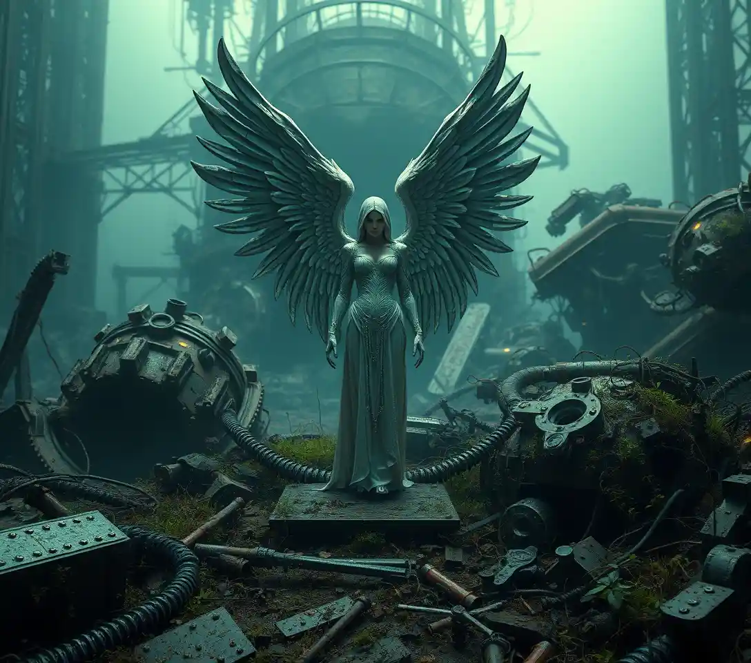 Donna angelica solitaria tra rovine di macchine futuristiche in collasso