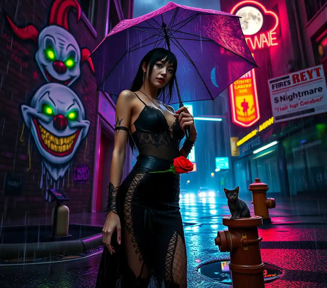 Gothic woman in neon soaked city street at night