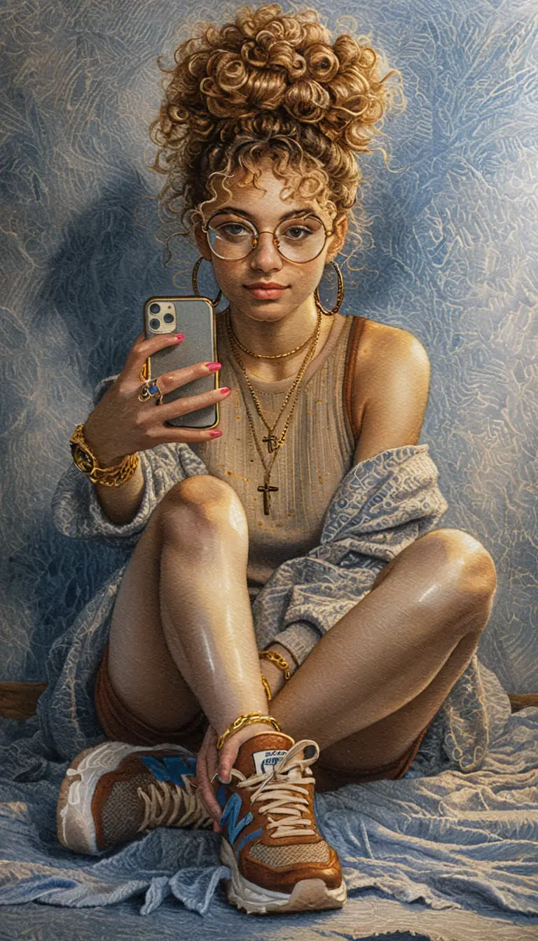 Young woman taking a mirror selfie on a soft beige rug